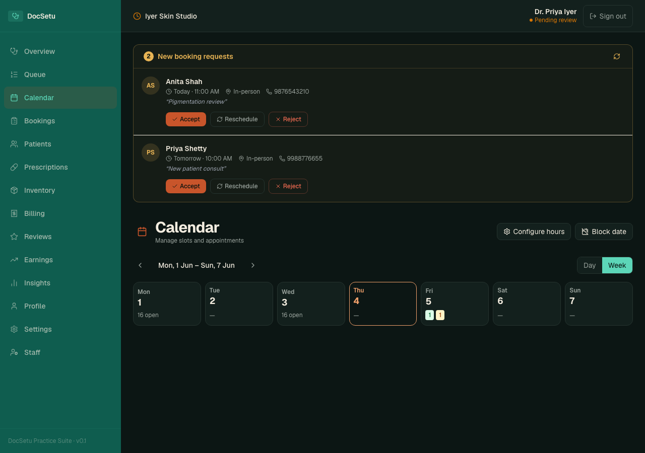 Calendar with pending booking requests and week view