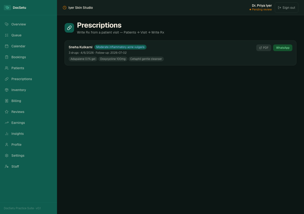 Prescriptions list with drug names and diagnosis