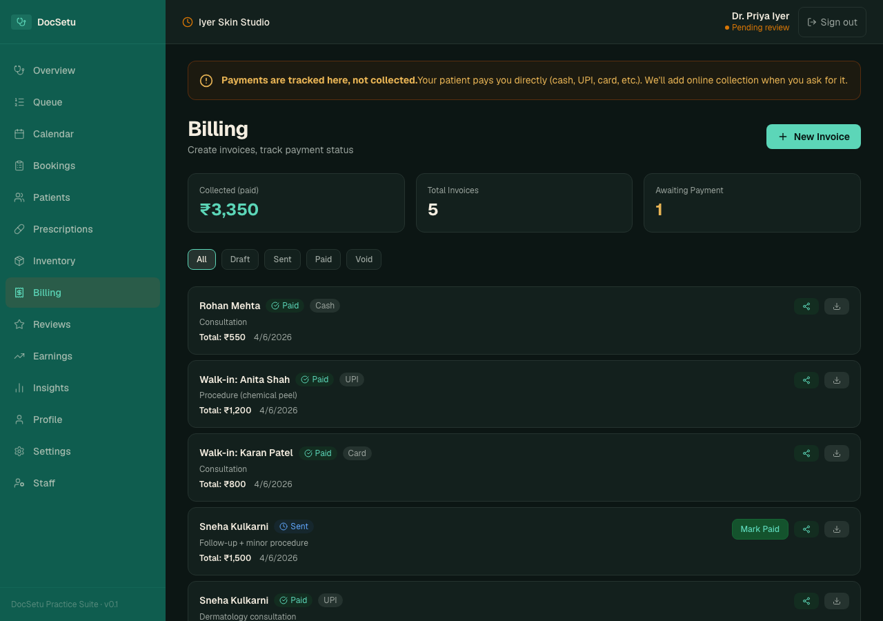 Billing screen with paid and awaiting invoices