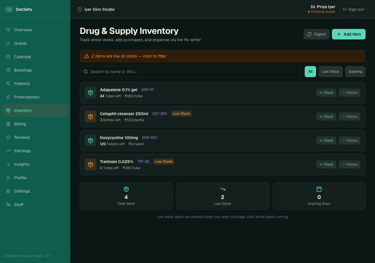 Inventory list with low-stock badges
